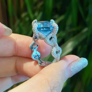 Exquisite Natural Aquamarine & Topaz Ring – Luxury S925 Silver Statement for Women